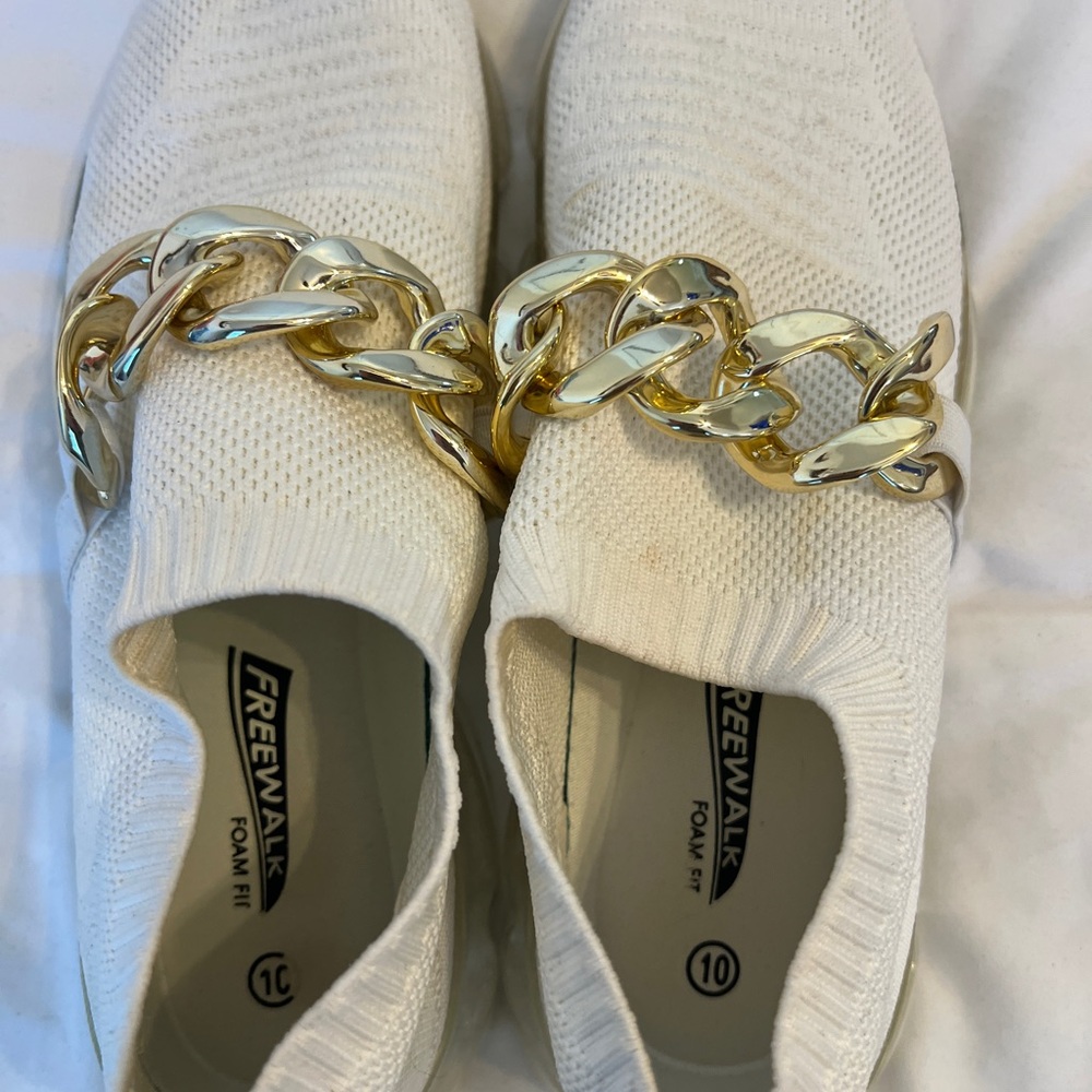 Women's White Slip-On Shoes with Gold Chain